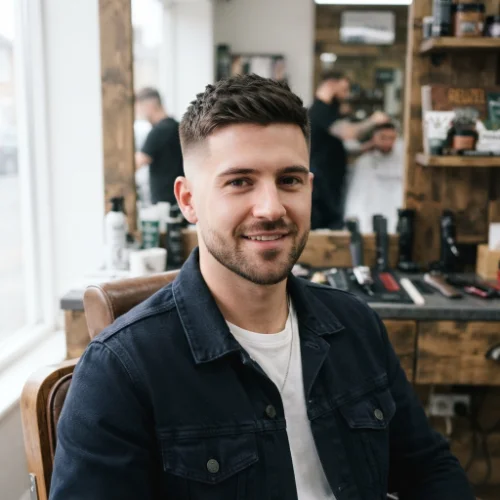 Man with a clean crew cut and low taper fade featuring neat styling and tapered sides on a white background.