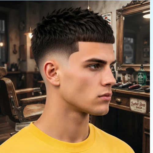 Man with a low taper fade crew cut and sharp line up featuring a clean hairline on a white background.