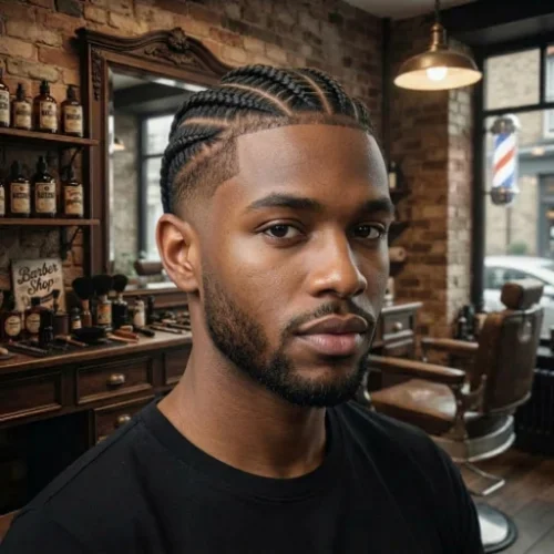 Low taper fade with neat cornrows styled across the top of the hair