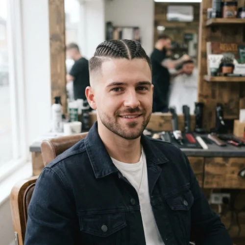Low taper fade with two long braids and clean sides