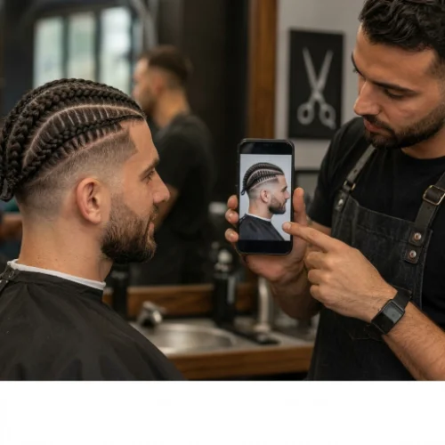 Low taper fade with detailed stitch braids and a clean hairline