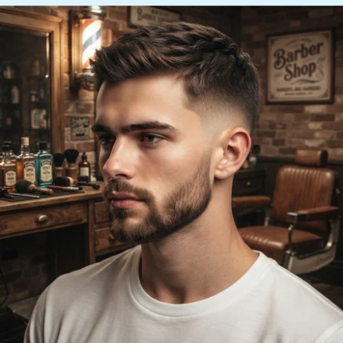 Man with a low taper fade crew cut paired with a neatly groomed beard on a white background.