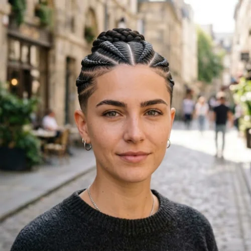 Low taper fade with neat feed-in braids and a smooth tapered finish