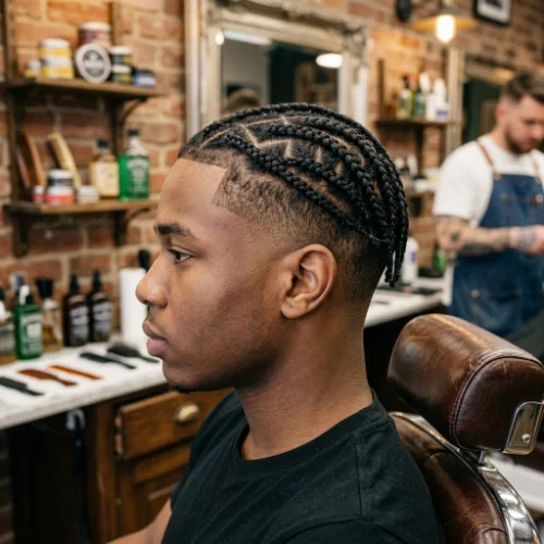Low taper fade with short braids styled neatly on top