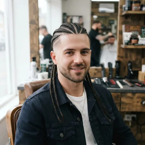 Low taper fade with long braids flowing from the top of the head