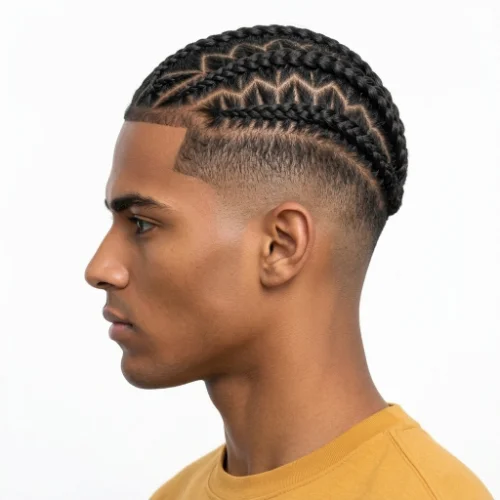 Low taper fade with creative zig-zag braids and clean tapered sides