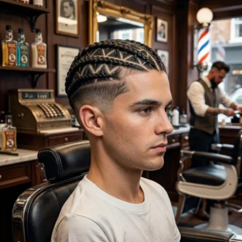 Low taper fade with triangle-shaped braids and a sharp clean finish