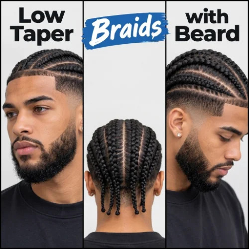 Low taper fade with neatly styled braids and a well-groomed beard