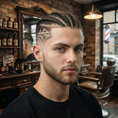 Low taper fade with braids and a creative shaved hair design