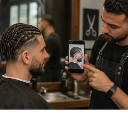 Low taper fade with small detailed braids covering the top of the hair