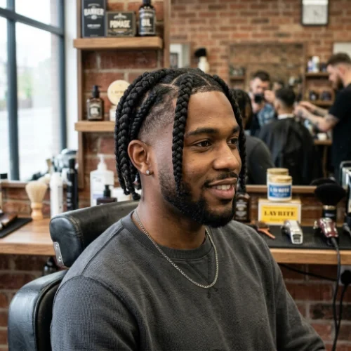 Low taper fade with big bold braids and clean tapered sides