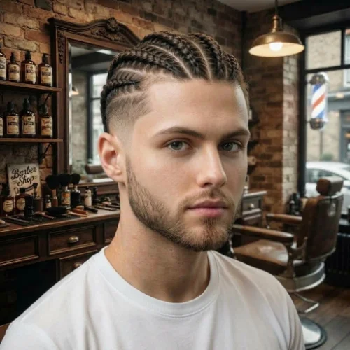 Low taper fade with a neatly braided top and clean sides