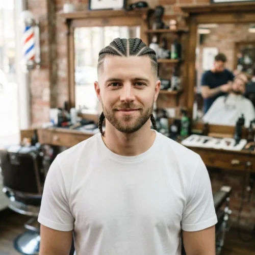 Low taper fade with a braided ponytail and clean tapered sides