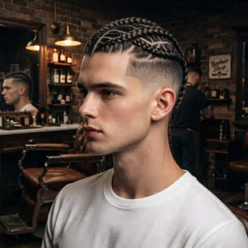Low taper fade with braided top and a sharp line-up around the hairline