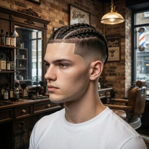 Low taper fade with a braided mohawk and clean tapered sides