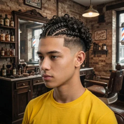 Low taper fade with braids combined with natural curls on top