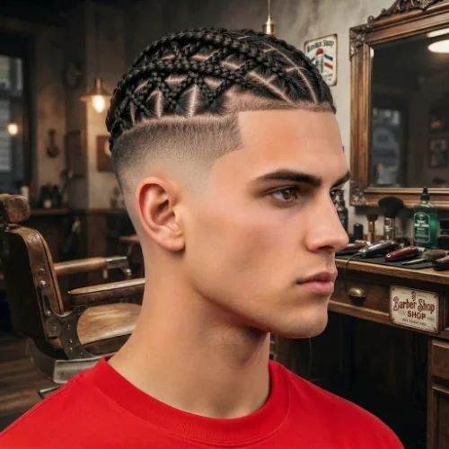 Low taper fade with detailed criss-cross braids across the top
