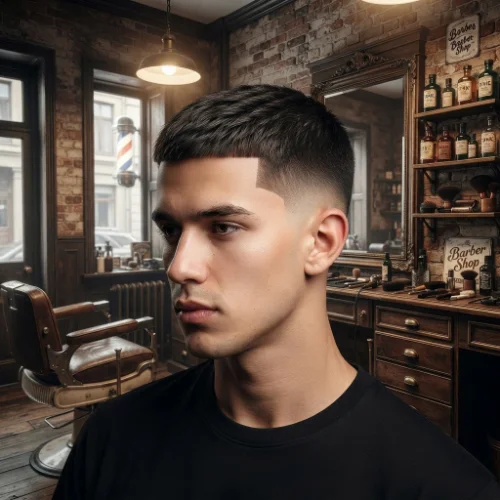 Man with straight hair styled in a clean crew cut and low taper fade on a white background.