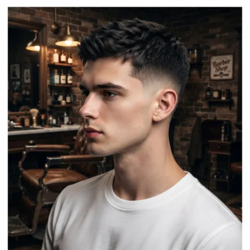 Man with thick hair styled in a crew cut and low taper fade featuring natural texture on a white background.
