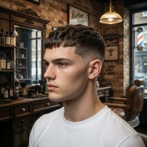 Short low taper textured fringe haircut for men