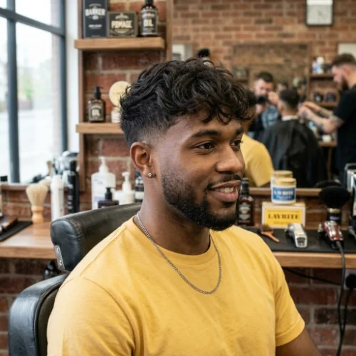 Low taper skin fade with fringe haircut for men
