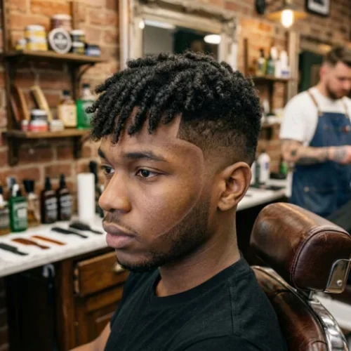 Low taper skin fade with a sharp line up