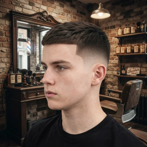Man with a short crew cut and low taper fade featuring clean tapered sides on a white background.
