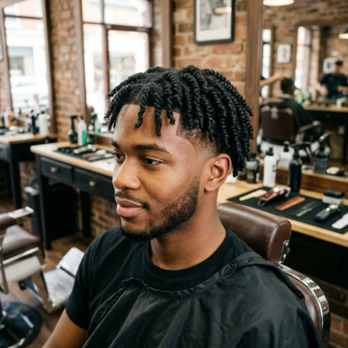 Low taper fade with short mini twists