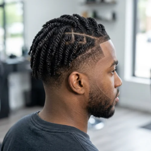 Low taper fade twists with a defined hair part