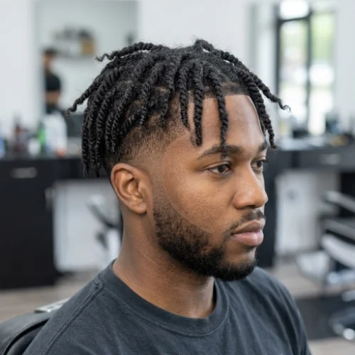 Messy low taper fade twists for men