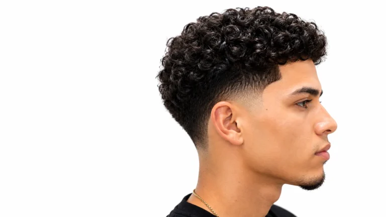Low taper fade curly hair hairstyle featuring natural curls on top, balanced volume, and a clean low taper fade around the sides and neckline for a modern look