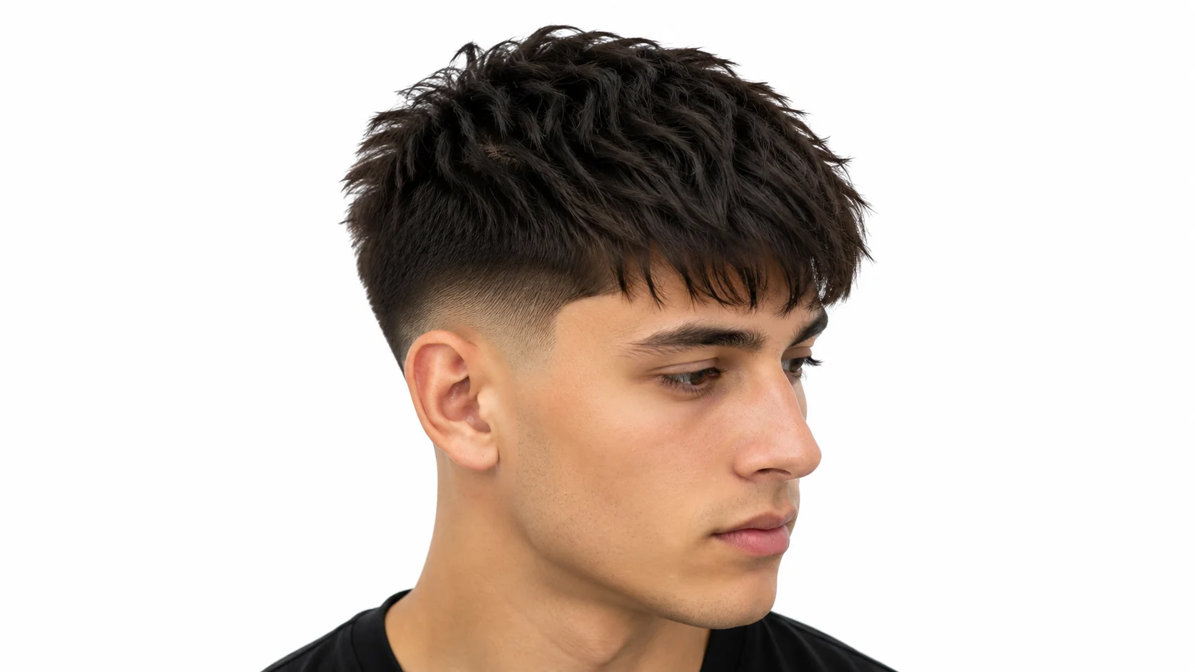 Low taper fade textured fringe hairstyle featuring a layered textured top, defined fringe across the forehead, and clean low taper faded sides for a modern stylish look