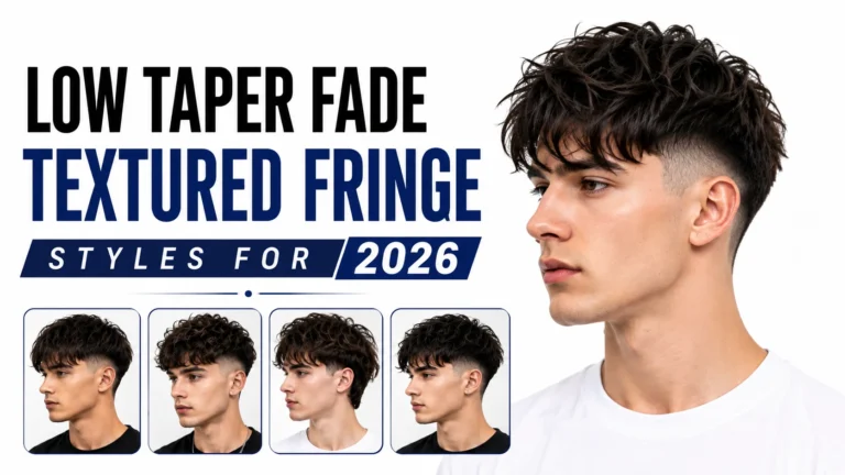 Low taper fade textured fringe hairstyle featuring a layered textured top, defined fringe across the forehead, and clean low taper faded sides for a modern stylish look