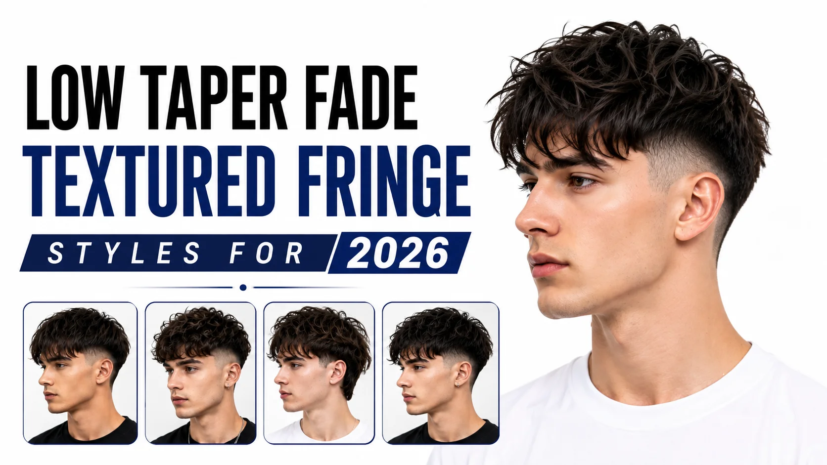 Low taper fade textured fringe hairstyle featuring a layered textured top, defined fringe across the forehead, and clean low taper faded sides for a modern stylish look
