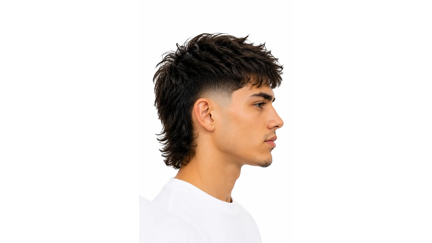Man with a Low Taper Fade Modern Mullet Haircut featuring a clean low taper fade, textured top, and modern mullet at the back