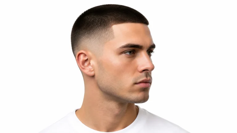 Man with a clean Low Taper Fade Buzz Cut featuring short even hair, sharp faded sides, and a fresh lineup on a white background.