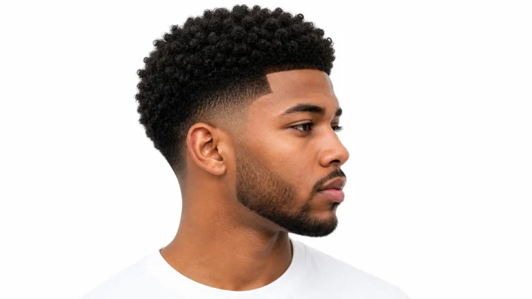 Man with a Low Taper Fade Afro featuring a clean low taper fade and a well-shaped natural afro hairstyle