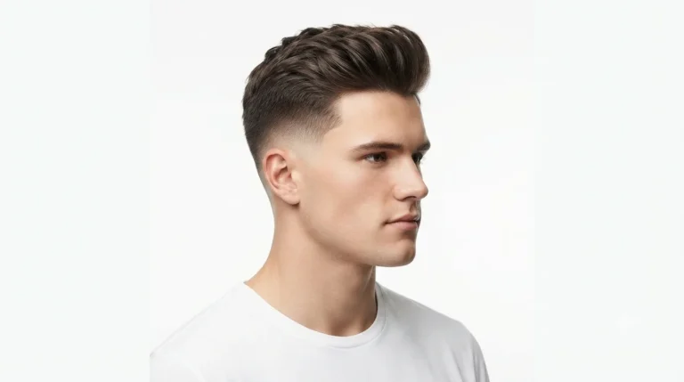 Man with a Low Taper Fade Quiff Haircut featuring a voluminous quiff and clean low taper faded sides