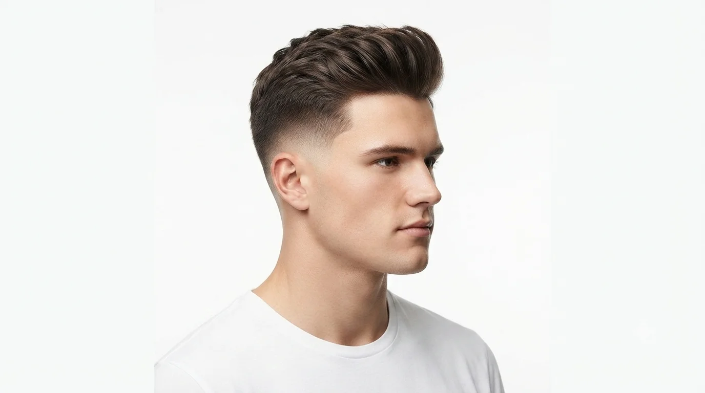 Man with a Low Taper Fade Quiff Haircut featuring a voluminous quiff and clean low taper faded sides
