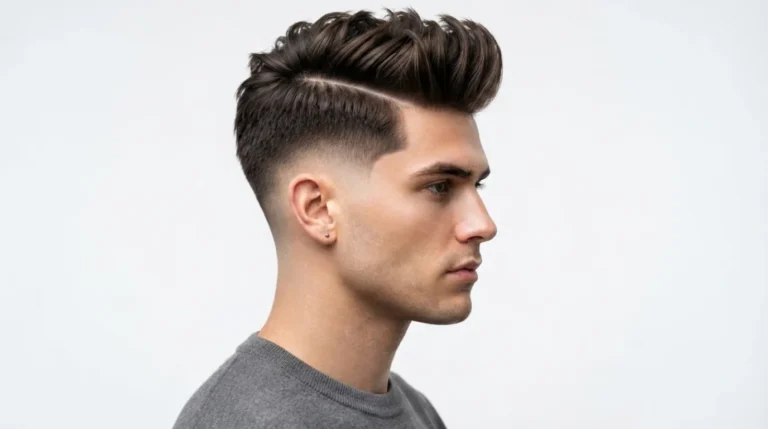 Man with a low taper fade side part hairstyle featuring a clean side part and neatly blended faded sides on a white background.
