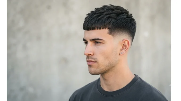 Man with a low taper fade Caesar cut featuring a short textured fringe, clean faded sides, and sharp edges on a white background.