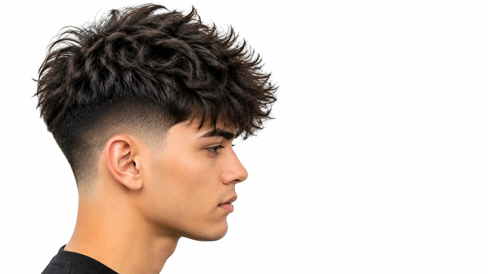 Man with a low taper fade fluffy hairstyle featuring voluminous textured hair, clean faded sides, and a natural finish on a white background.