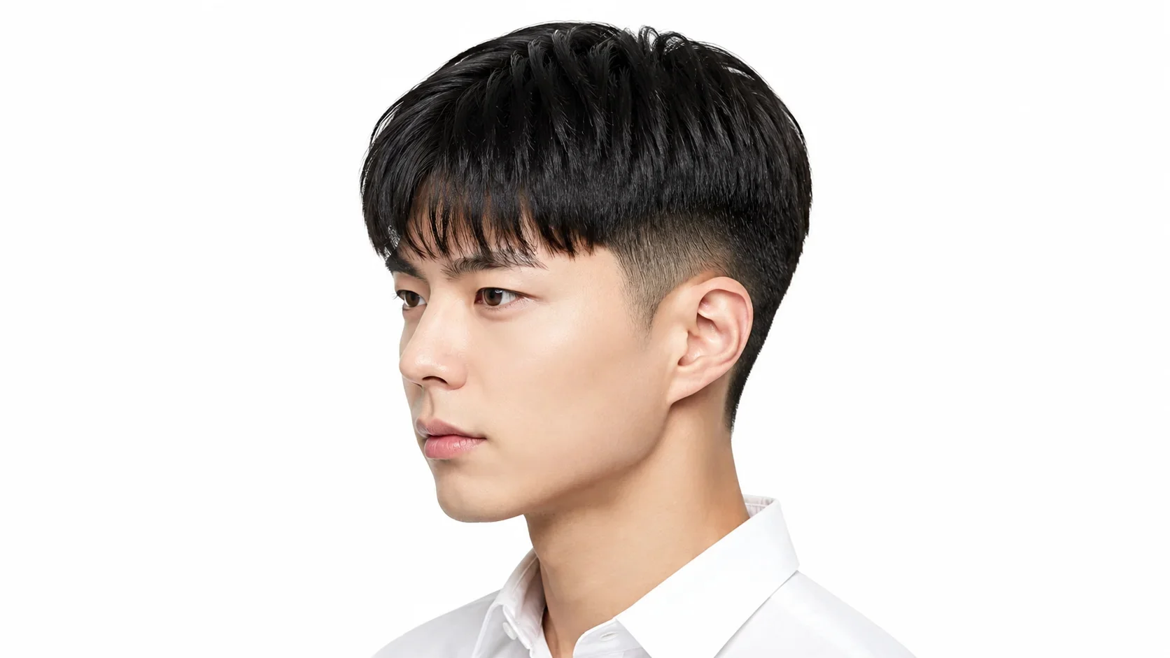 Man with a low taper fade Edgar haircut featuring a short textured top, straight fringe, and clean faded sides on a white background.