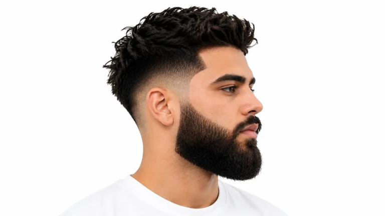 Man with a low taper fade haircut paired with a neatly groomed beard on a clean white background.
