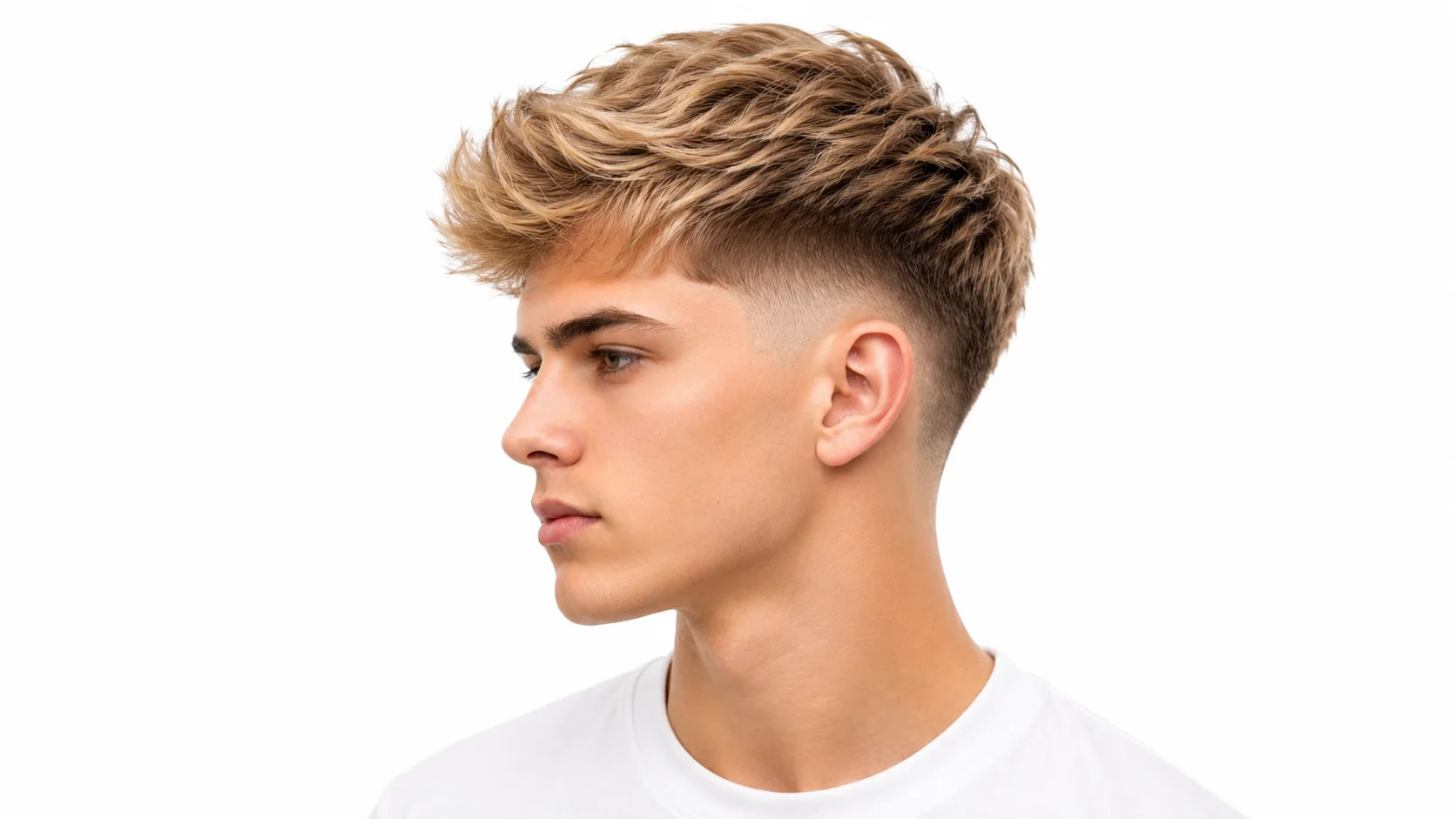 Low Taper Fade Blonde Hair style fir Man with clean faded sides on a white background.