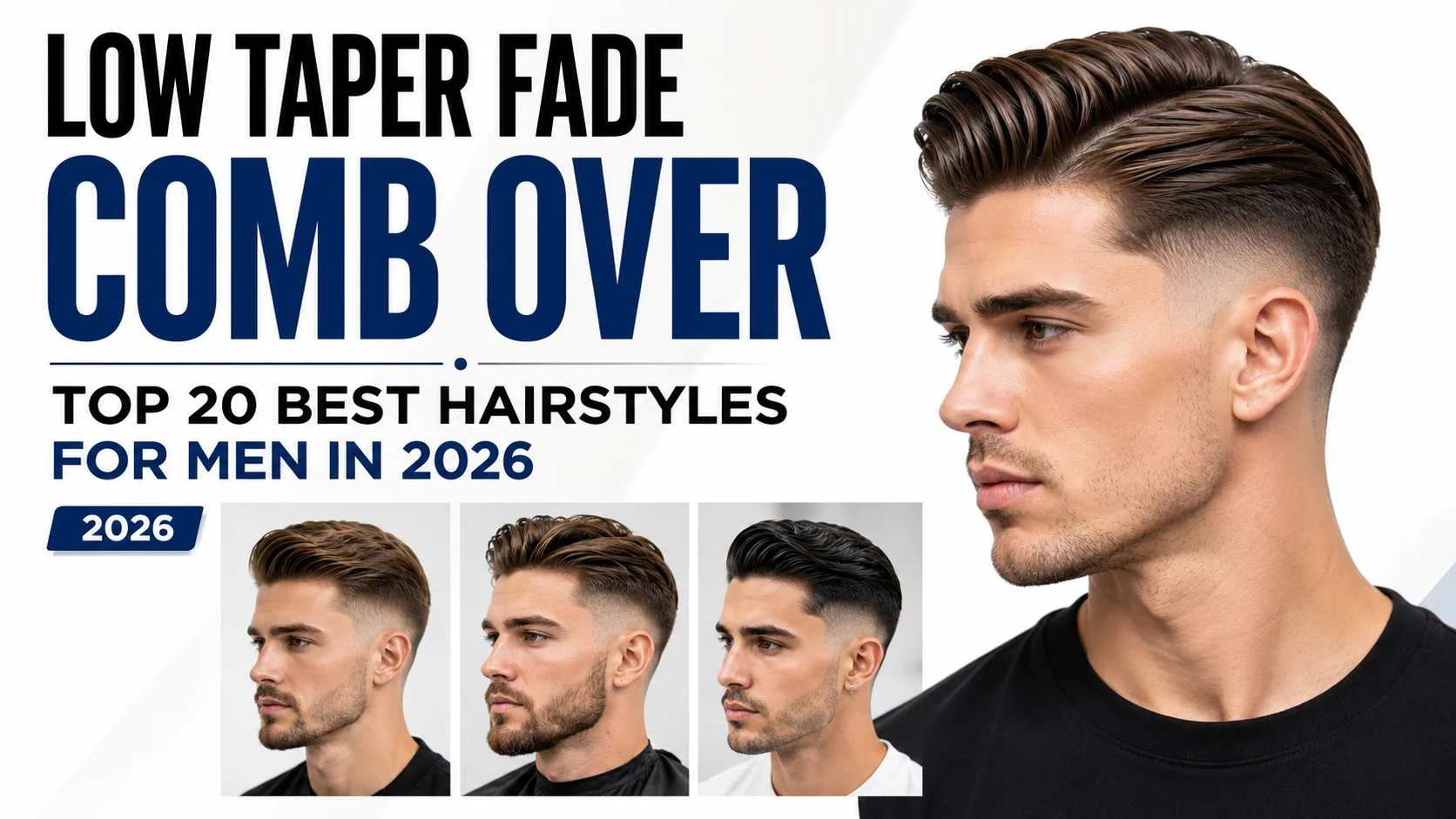 Man with a low taper fade comb over hairstyle featuring neatly styled hair and clean faded sides on a white background.