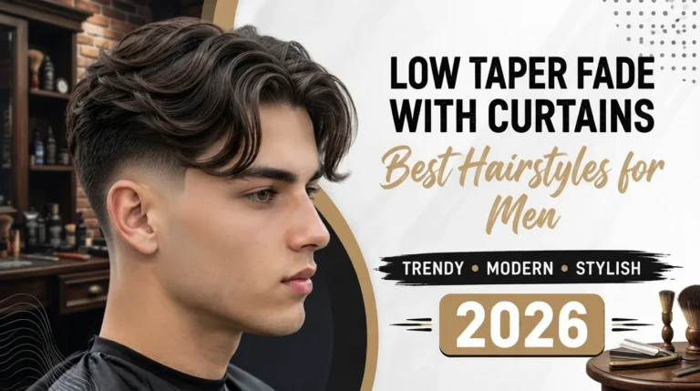 Man a Low Taper Fade with Curtains hairstyle featuring a center part and textured hair on a clean white background.