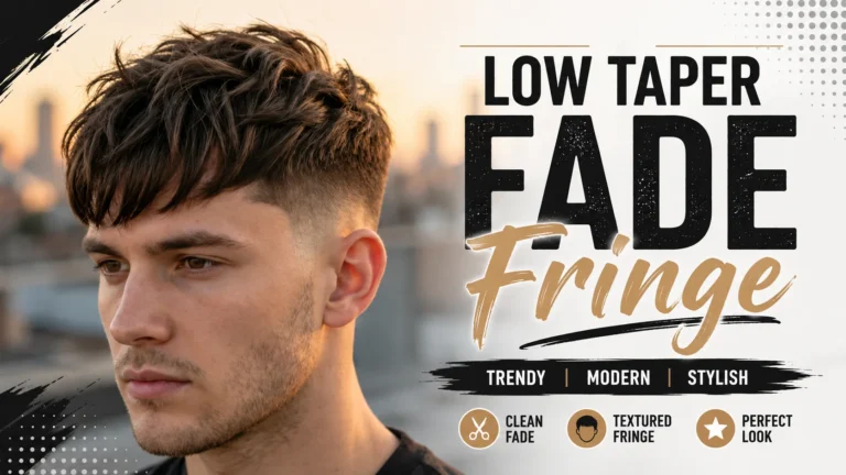 Man with a low taper fade fringe haircut featuring textured hair and clean faded sides on a white background.