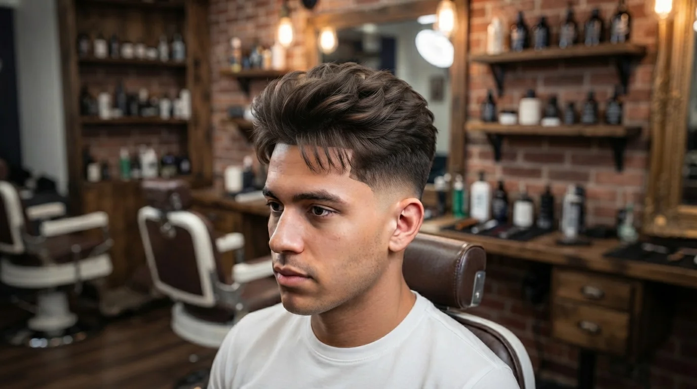 Man with a low taper burst fade haircut featuring clean faded sides and a textured top on a white background.
