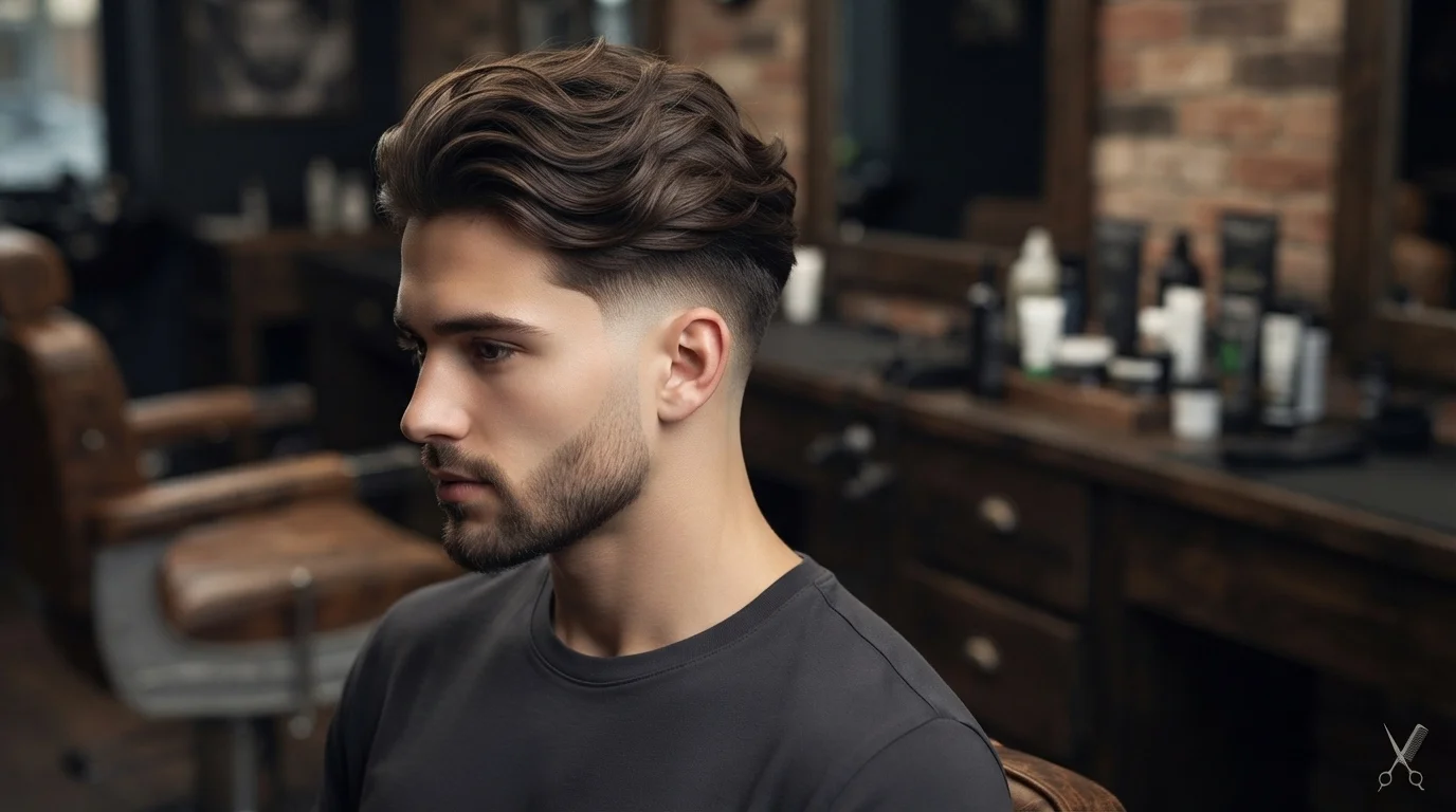 Man with a low taper fade long Hair textured featuring clean faded sides on a white background.